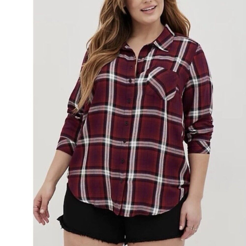 Torrid Black Red Plaid Lizzie Rayon Twill Button Up Long Sleeve Shirt Size 3X